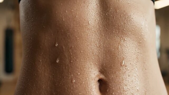Macro close-up of sweat drops rolling down toned female abdomen and belly button after fitness training