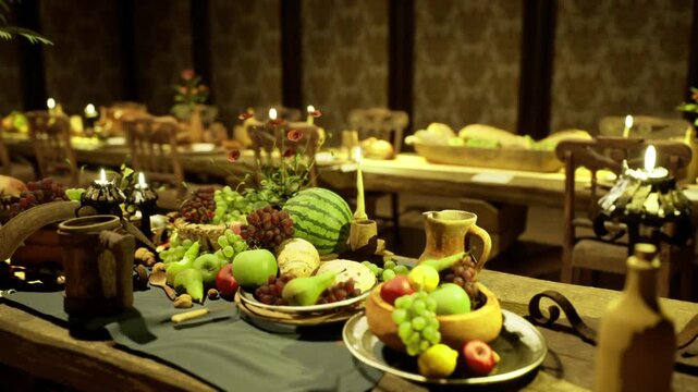 Grand banquet hall with fruit platters and rows of candlelit tables, ornate wallpaper and glowing candles setting formal reception mood ready for guests.