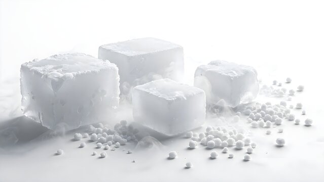 Dry ice blocks and pellets sublimating with white smoke on a clean background