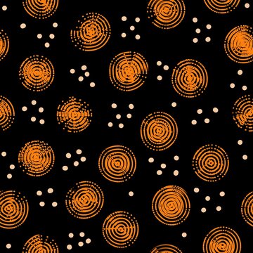 Abstract Seamless Pattern with Orange Concentric Spiral Circles and Beige Dots on Black Background
