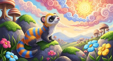 Obraz premium Colorful Lemur Sitting on Rocky Outcrop.
