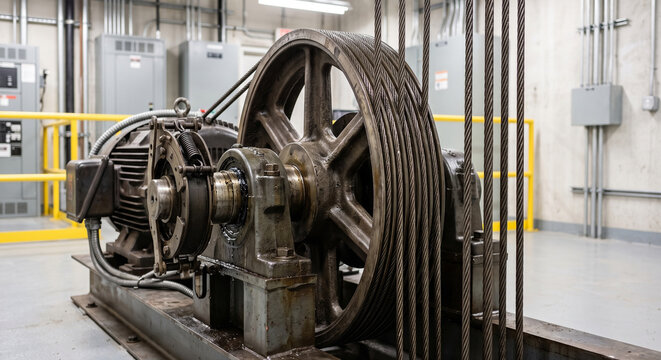Wide elevator traction machine with large grooved sheave, multiple suspension ropes and electric motor behind safety barriers