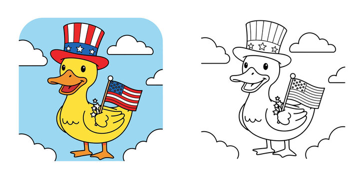 American Patriotic Duck Coloring Page Vector Illustration for 4th of July Independence Day with Uncle Sam Hat and USA Flag Outline and Color Version for Kids