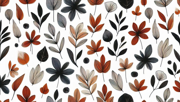 rustic floral seamless pattern with leaves in brown copper and gray colors