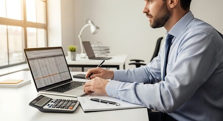 Fototapeta premium Corporate executive analyzing financial data and spreadsheets on a laptop in a modern office, professional business management and audit accounting