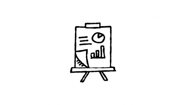 Animated 4K presentation flip chart board doodle icon. White hand drawn line art on black and green screen backgrounds for flip chart stand, meeting diagram, office training presentation.