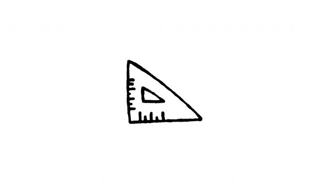 4K hand drawn triangle ruler icon featuring boiling line movement. Frame by frame doodle art on black and green screen backgrounds for geometry ruler, math drafting tool, school stationery.
