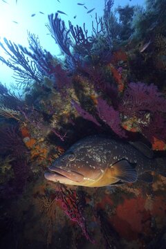 Dusky grouper (Epinephelus marginatus) (Mycteroperca marginatus) between colour changing gorgonians (Paramuricea clavata), in the Mediterranean Sea near Hy&egrave;res, dive site marine reserve Port Cros, Provence Alpes C&ocirc;te d'Azur, France