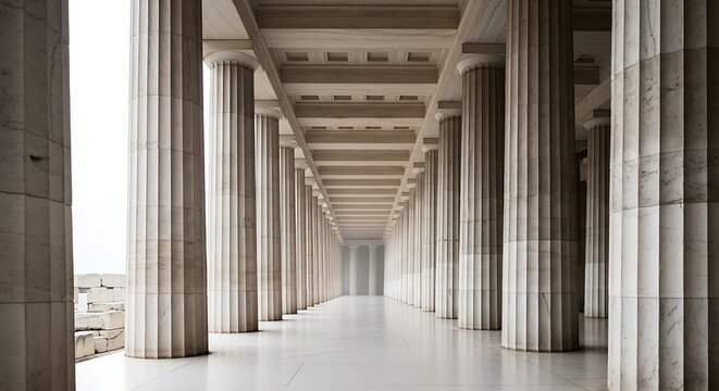 Perspective view of a grand hallway featuring massive fluted Greek columns and a decorative coffered ceiling in a majestic neoclassical structure