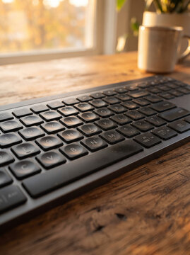 Extreme Close Up of Dark Wireless Computer Keyboard on Wooden Desk