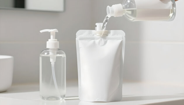Refill Pouch Mockup Pouring Liquid into Pump Bottle: Eco-Friendly Concept