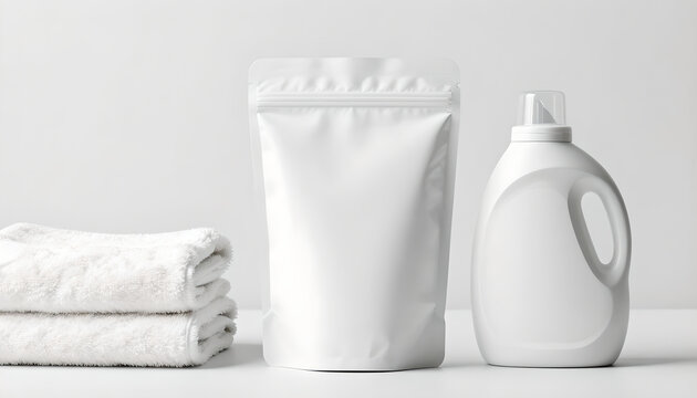 White Refill Pouch Mockup with Detergent and Towels: Minimalist Design