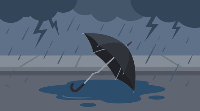 Broken Umbrella in Puddle During Storm Vector Illustration