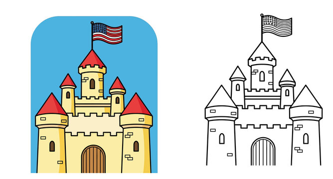 Vector Illustration of a Medieval Castle with US Flag and Coloring Page Line Art Contour Design for Kids Coloring Book