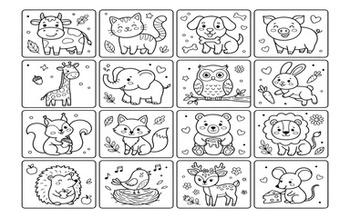 Naklejka premium A collection of sixteen different hand drawn cartoon animal illustrations arranged in a grid for a coloring book page
