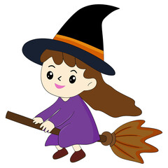 Cute cartoon witch girl wearing a purple dress and black hat, flying on a magical broomstick, isolated on a transparent background, perfect for Halloween cards, stickers and seasonal designs.