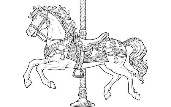 A detailed black and white line art illustration of a decorative carousel horse for children to color