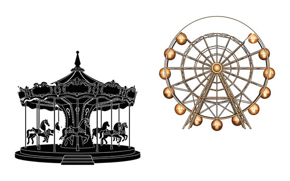 Detailed line art illustrations of a vintage carousel and a classic ferris wheel on a white background