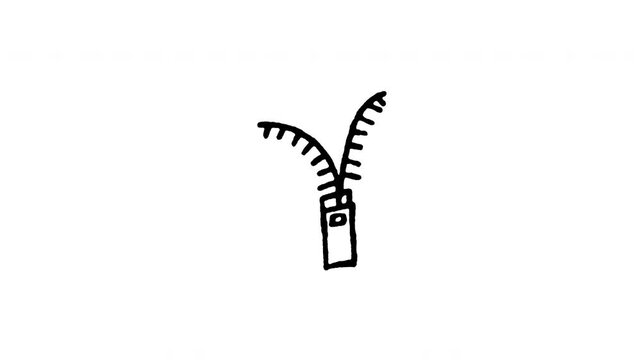 Animated 4K zipper doodle icon with line boil action. Hand drawn line art on black and green screen backgrounds for garment zip, clothing fastener, tailor zipper, jacket closure edits.
