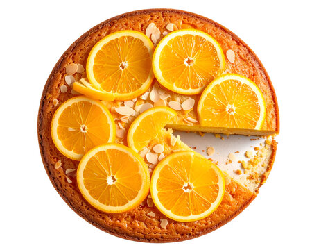 Baked orange almond cake topped with lemon slices and a sprinkling of almonds. isolated on transparent png