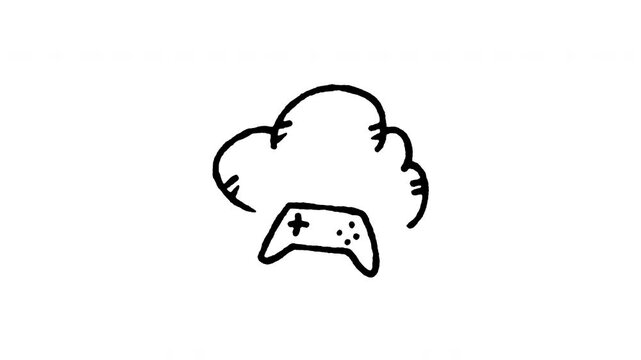 Animated doodle cloud gaming icon. 4K frame by frame line art on black and green screen chroma key background for online streaming game, gamepad network, cloud gaming controller, edits.