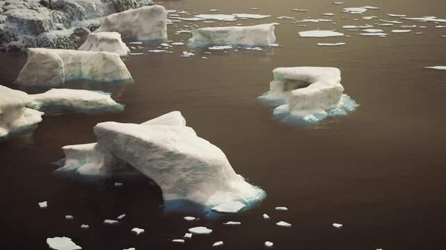 Iceberg floating in still water near Canada coastline, dusk light casting warm tones on sculpted ice, scattered bergy bits, gentle reflections, tranquil