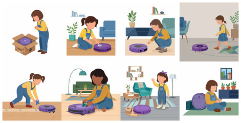 Fototapeta premium Little girl interacting with a smart robot vacuum cleaner illustration set showing unboxing and playing