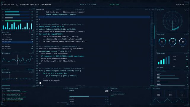 Futuristic Cyber Developer Terminal Hud UI with Animated Code and Data Graphs