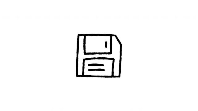 Animated 4K floppy disk doodle icon with line boil action. Hand drawn line art on black and green screen backgrounds for save button, retro disk storage, vintage computer memory edits.