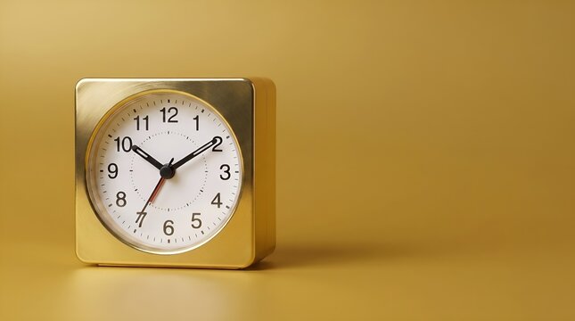 Clean gold analog alarm clock on a gold background. Minimalist studio composition representing time, productivity, organization, and punctuality