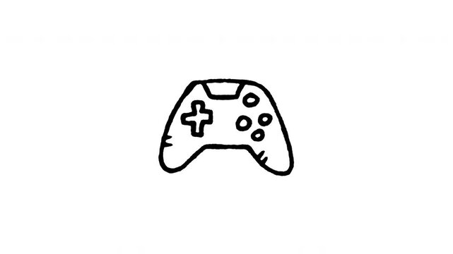 4K animated game controller doodle icon. Frame by frame line art on black and green screen chroma key background for joystick gamepad, player control, video gaming pad, electronic play.