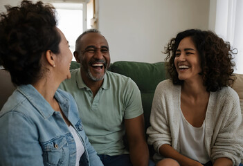 Obraz premium Diverse group of three adults laughing together on a sofa, enjoying a happy conversation in a casual home setting
