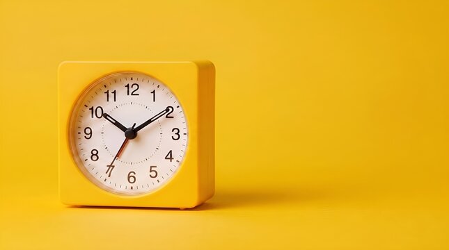 Clean yellow analog alarm clock on a yellow background. Minimalist studio composition representing time, productivity, organization, and punctuality