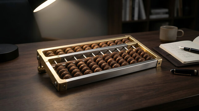 Close-up view of a vintage metallic abacus with wooden beads on a dark surface, showcasing a classic counting instrument.