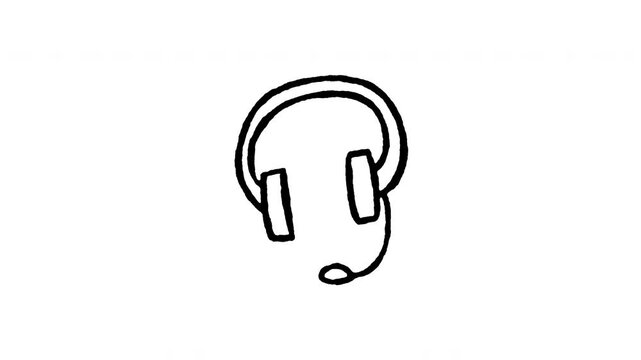 Animated 4K gaming headset microphone doodle icon. White hand drawn line art on black and green screen backgrounds for gamer headphones, audio mic, esports headset, voice chat hardware.