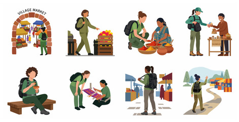 Fototapeta premium Set of flat vector illustrations depicting tourists exploring local village markets, buying spices, interacting with merchants, and experiencing authentic cultural traditions.