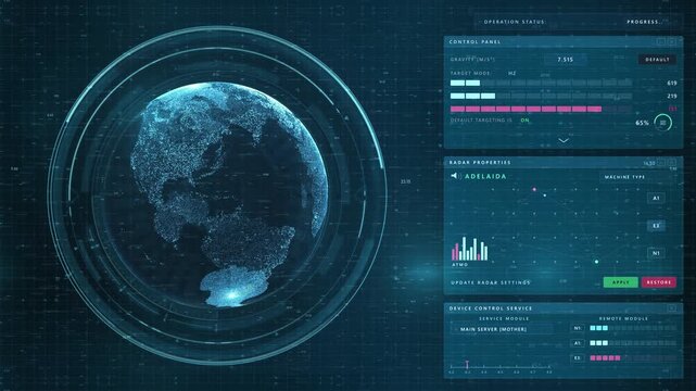 Digital HUD Interface with Rotating Particle Earth Globe and Telemetry Data Screen