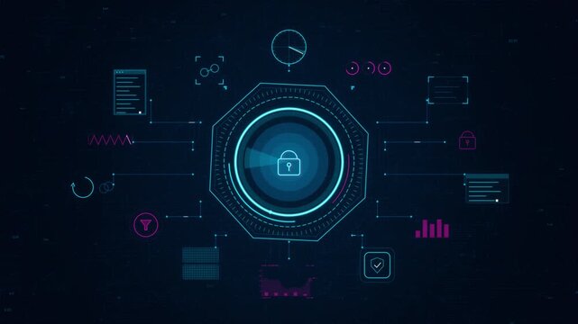 Cybersecurity HUD Interface Background with Glowing Padlock and Data Graphs