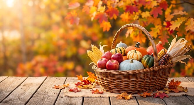 Wicker basket filled with pumpkin and apple on wooden table. Seasonal autumn harvest with vegetable and fruit for thanksgiving celebration. Rural nature background with orange foliage.