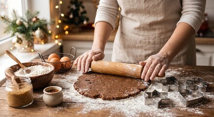 Fototapeta premium Woman rolling gingerbread dough on a wooden kitchen table. Baker preparing homemade cookies for Christmas holiday. Culinary activity with flour and cutter in cozy festive home setting.