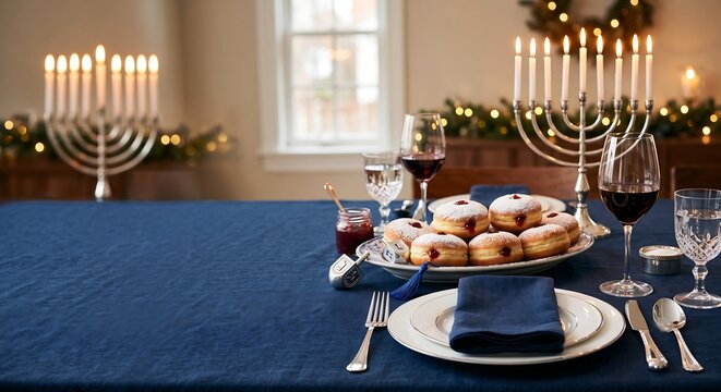 Hanukkah table setting with sufganiyot doughnuts and menorah with lit candles. Traditional Jewish holiday celebration with blue tablecloth and red wine. Festive dinner religious concept.