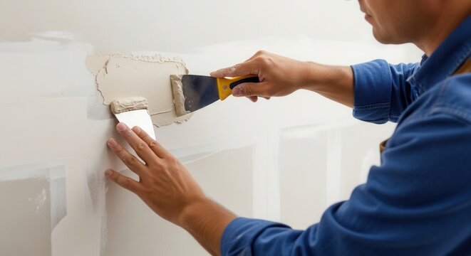Skilled Tradesperson Applying Spackle To Repair Interior Wall Surface
