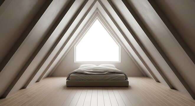 Modern minimalist attic bedroom interior featuring a comfortable bed under a symmetrical triangular roof beam structure with bright window light