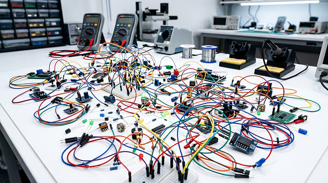 Intricate Electronic Circuitry and Components Spread Across a Workbench with Soldering Tools and Measuring Devices