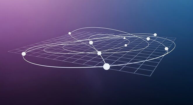 Abstract 3D visualization of gravitational space grid with orbital trajectories, glowing nodes, dynamic planetary orbits, and relativity physics background
