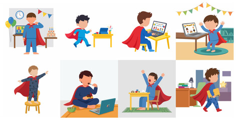 Fototapeta premium Set of vector illustrations depicting a little boy in a superhero cape celebrating a virtual birthday party at home, using a laptop for video calls, eating cake, and playing.