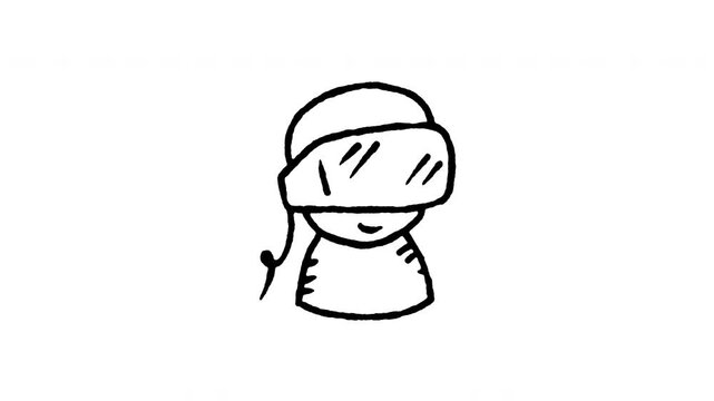 4K animated VR gamer doodle icon. Frame by frame line art on black and green screen chroma key background for virtual reality headset, VR player avatar, metaverse gaming, futuristic tech.