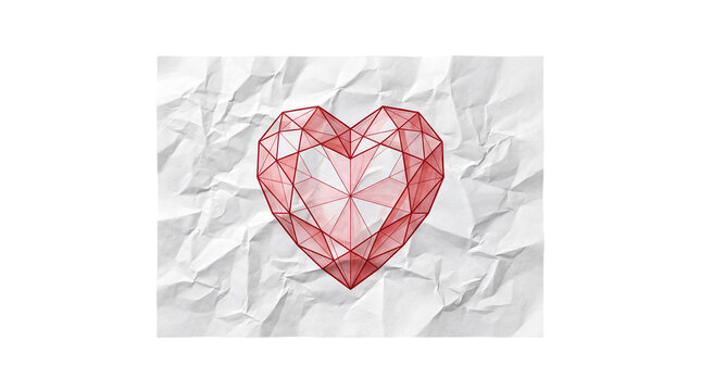 Red low poly wireframe heart cutout isolated on transparent background, geometric love symbol with faceted polygon lines for Valentine design