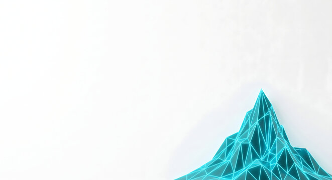 Minimalist of a glowing blue low poly mountain peak on a clean white background with copy space representing digital growth