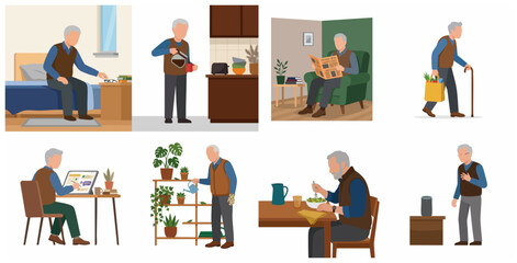 Fototapeta premium Elderly man daily routine and lifestyle activities flat illustration set